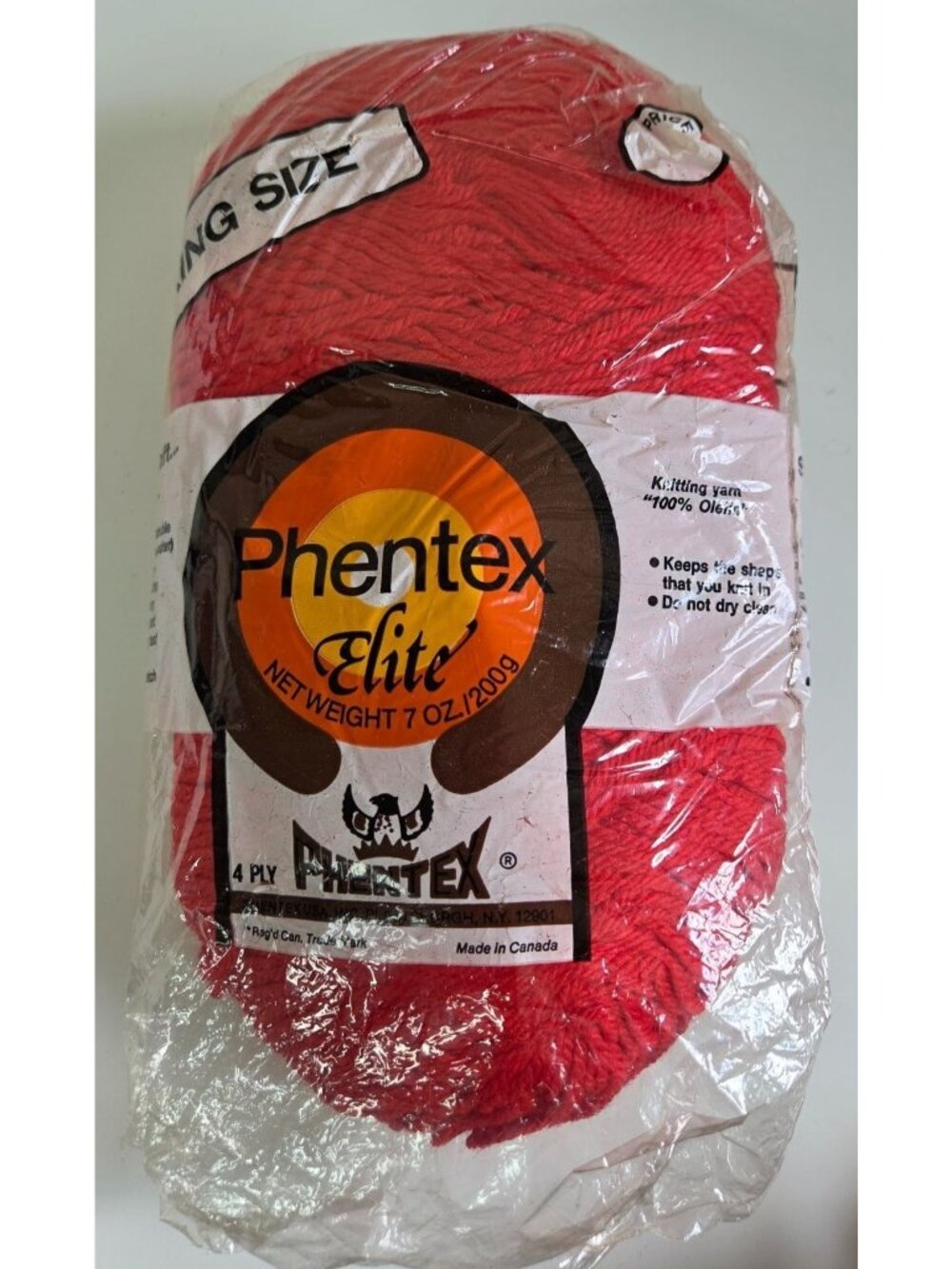 Vtg Phentex Elite Yarn 7 Oz 4-Ply 100% Olefin Long-Lasting Red Made In Canada